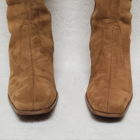 VINTAGE 90s Candies Caramel Faux Suede Stacked Heel Square Toe Knee High Boots 8 - Picture 5 of 16
